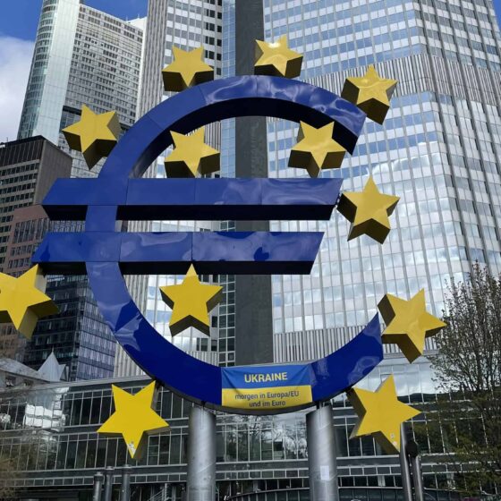Euro sign sculpture outside the former European Central Bank in Frankfurt — a symbol of the European Union