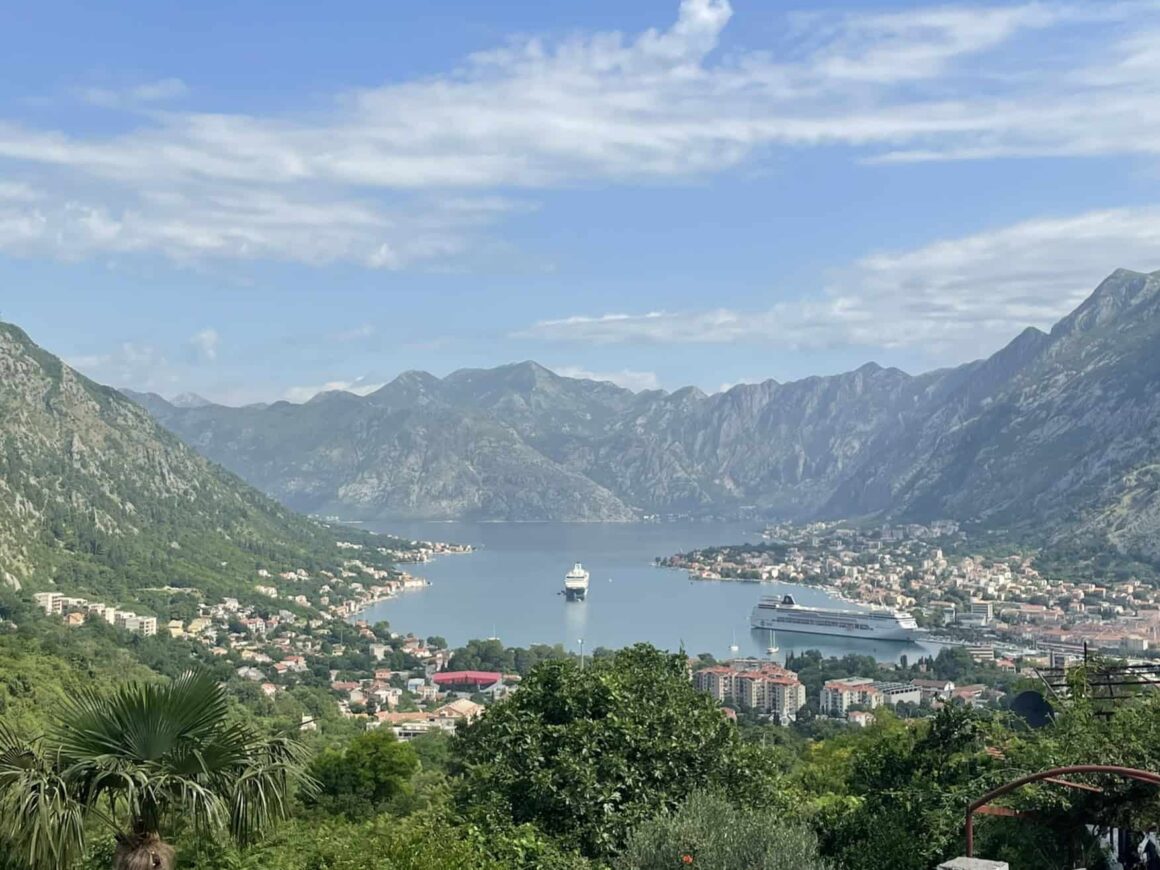 View of the sweeping mountains behind the Bay of Kotor