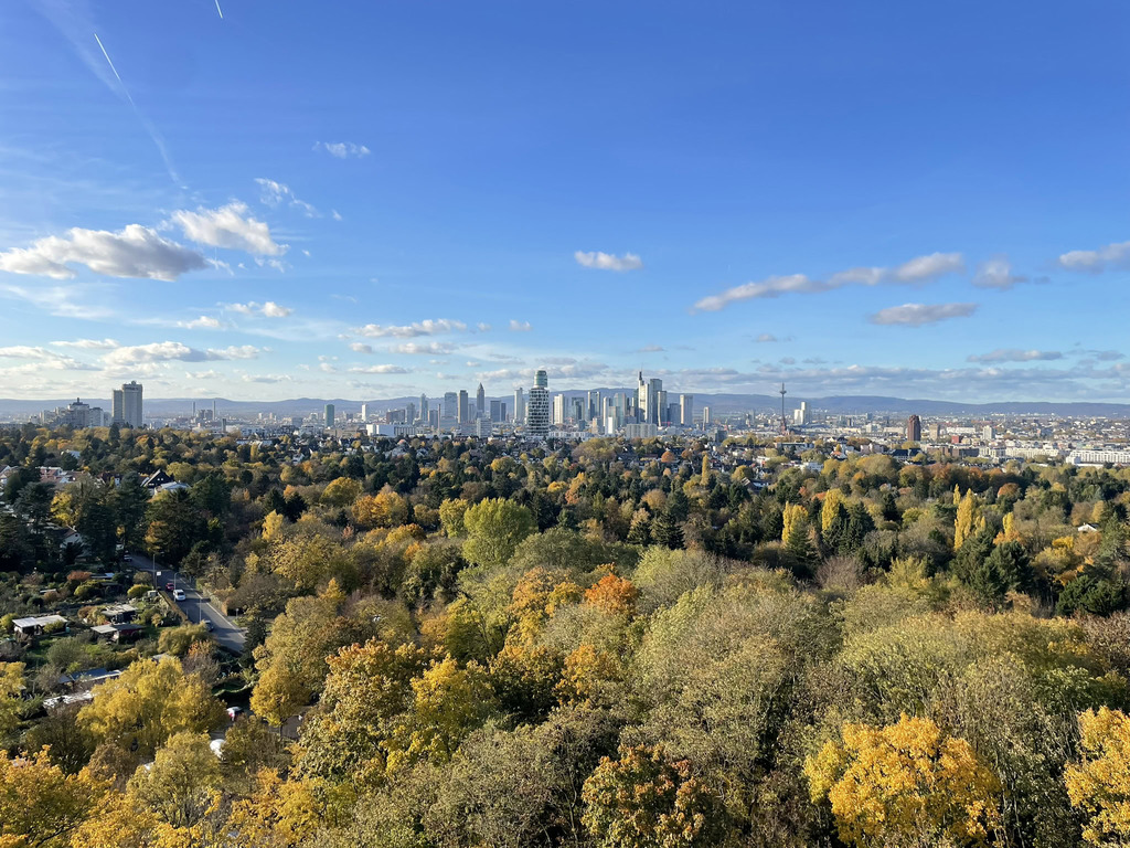 View of the Frankfurt am Main skyline from the Goetheturm in Sachsenhausen โ my first European working holiday destination