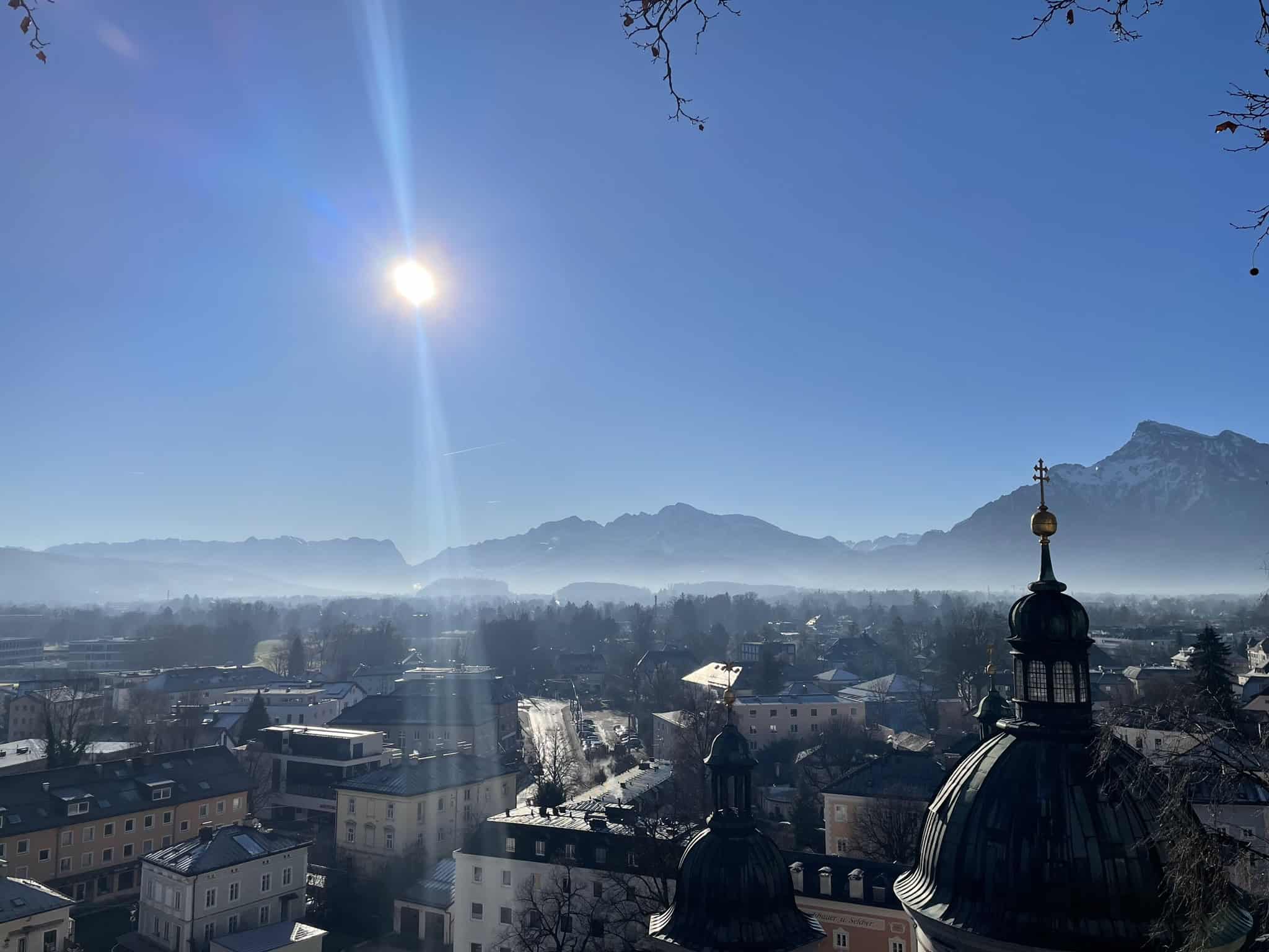 View of the Austrian Alps from Nonnberg Abbey in Salzburg — a popular stop for travellers exploring Europe by train
