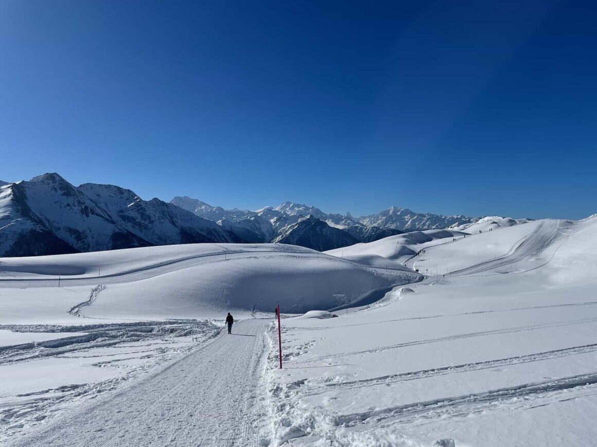 Clear sunny day in the middle of the Swiss alps, hiking from Fiesch to Riederalp in the Aletsch Arena