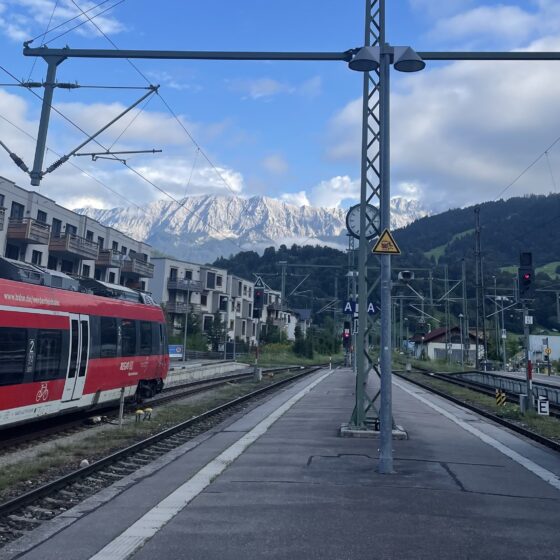 Garmisch-Partenkirchen train station with the Bavarian Alps behind it — a scenic stop on the Eurail network in Germany