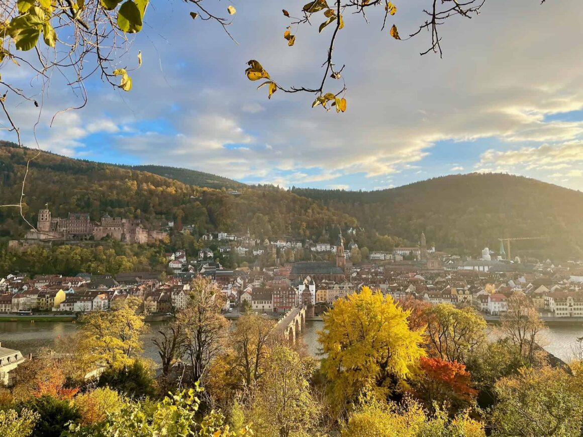 Golden Autumn leaves with the Old Town of Heidelberg in the background