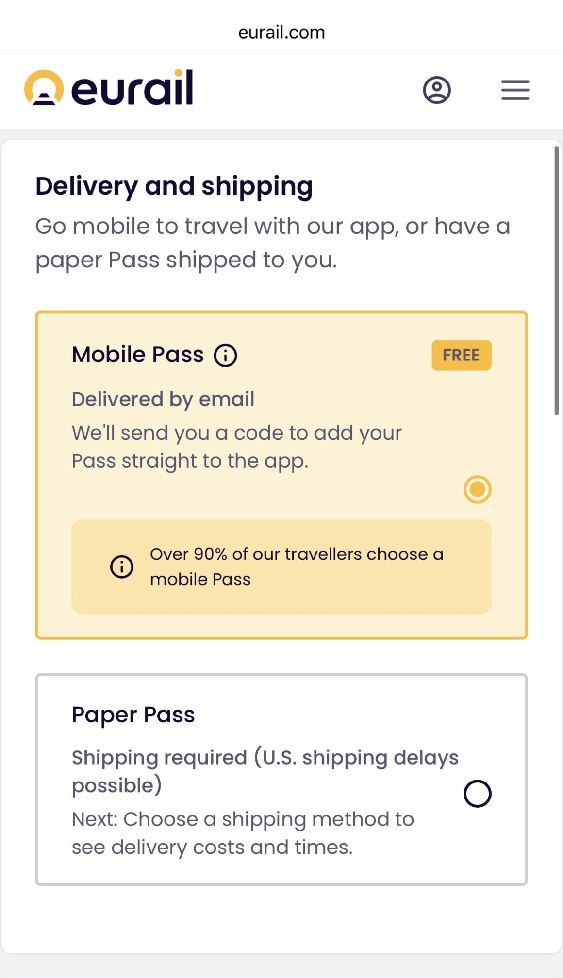 Eurail checkout page showing the Mobile Pass option — always choose this over a paper pass