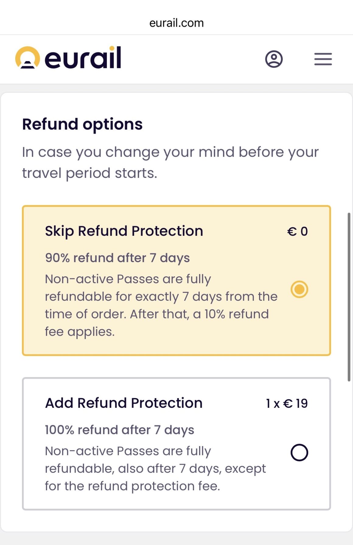Eurail checkout page showing the Skip Refund Protection option