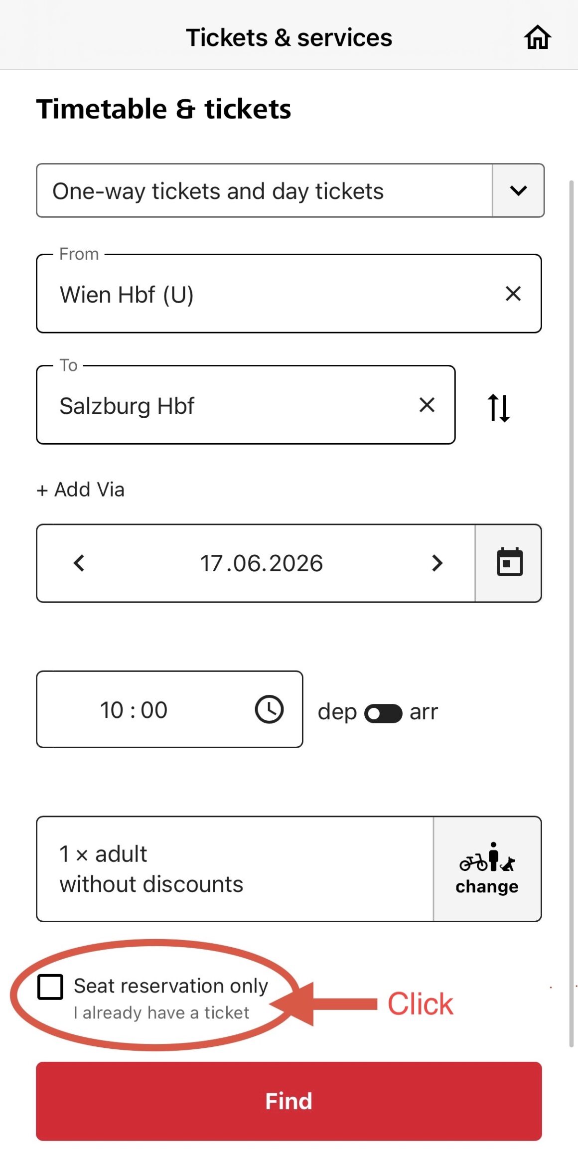 Booking a seat reservation on the ÖBB app for train travel in Austria