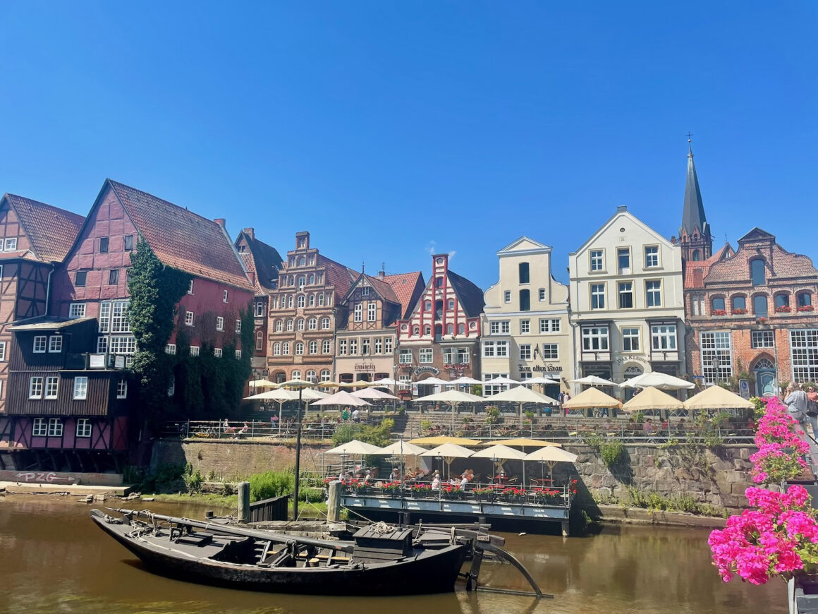 Overlooking the Ilmenau river and the old town from the Wasserviertel in Lüneburg, northern Germany