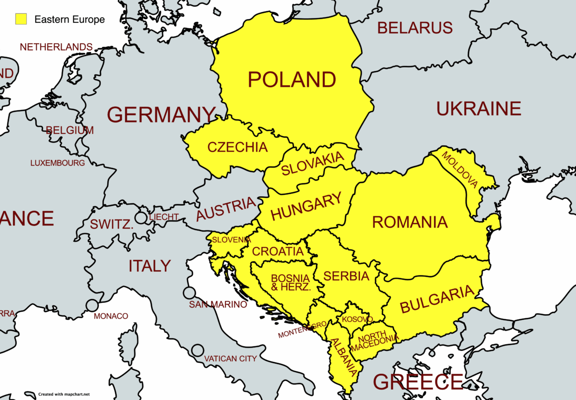 Map of Eastern Europe highlighting Poland, Czechia, Slovakia, Hungary, Slovenia and the Balkans