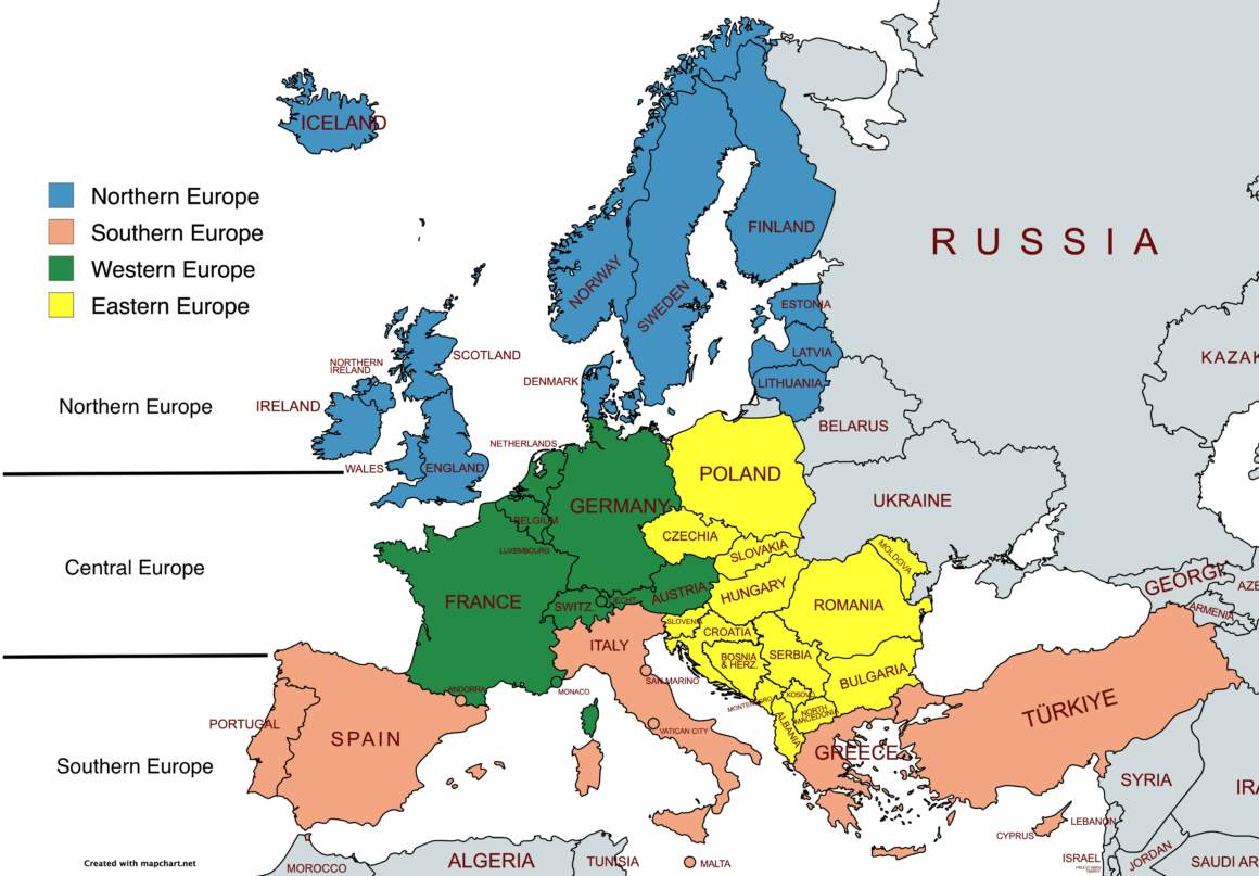 Map of Europe and all its different regions.