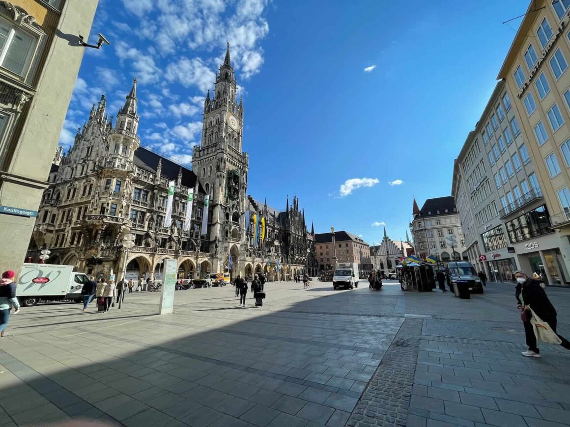 Looking towards the sweeping Rathaus on Marienplatz in Munich, Germany — a first stop after moving abroad at 19