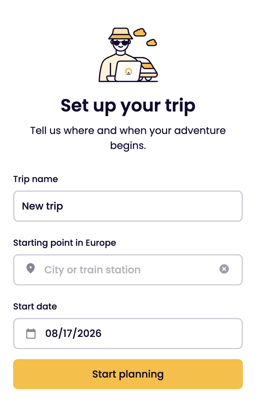 Screenshot of the Eurail Trip Planner showing where to input your starting point and travel dates