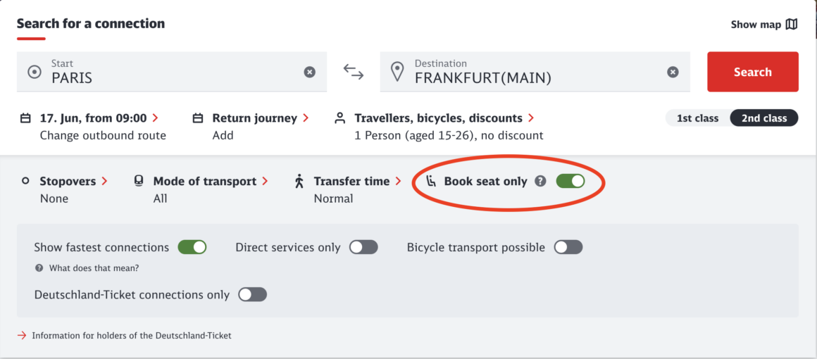 Booking a Eurail seat reservation on the Deutsche Bahn website for France–Germany ICE/TGV trains