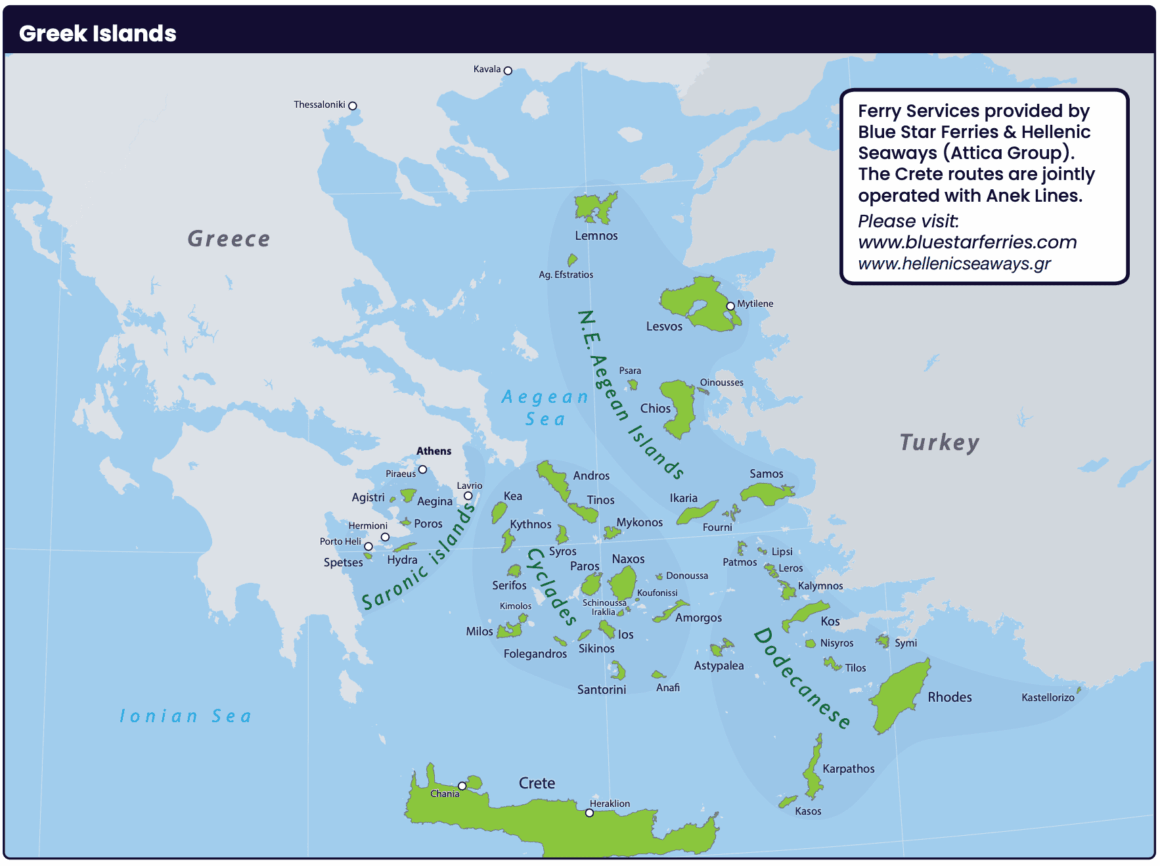 Map of ferry routes for the Eurail Greek Islands Pass showing connections from Italy