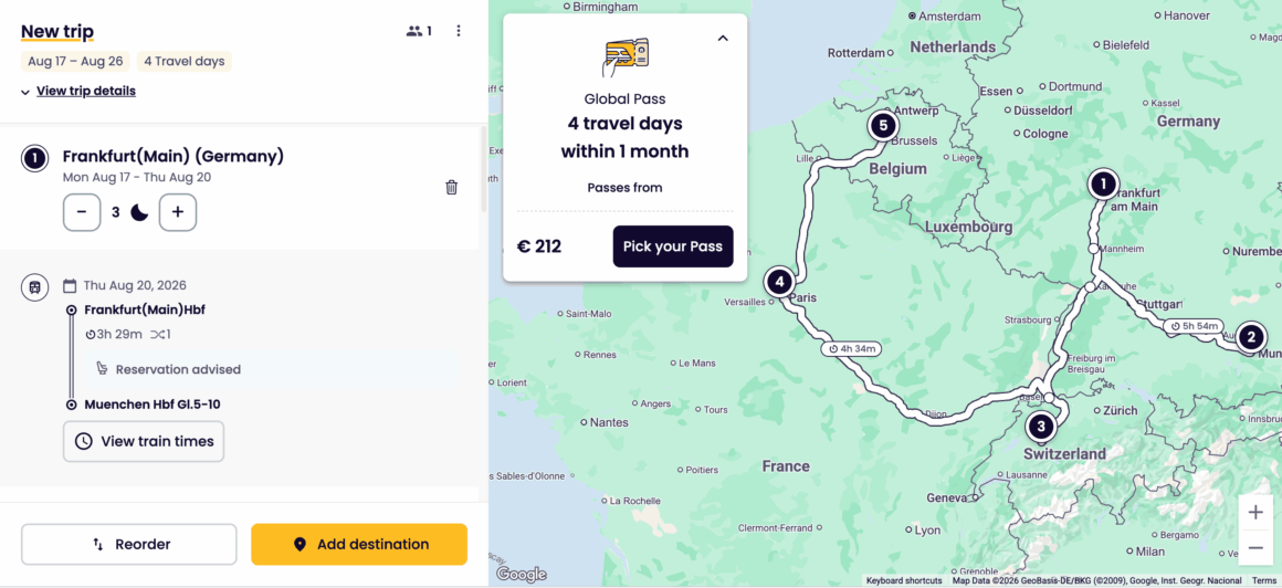 Completed Eurail Trip Planner itinerary with a recommended pass and route overview