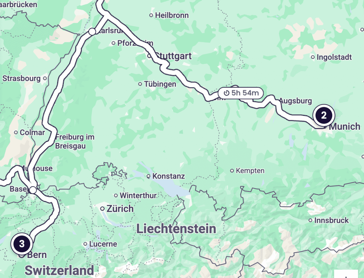 Route map showing the longer Munich to Bern connection suggested by the Eurail Trip Planner