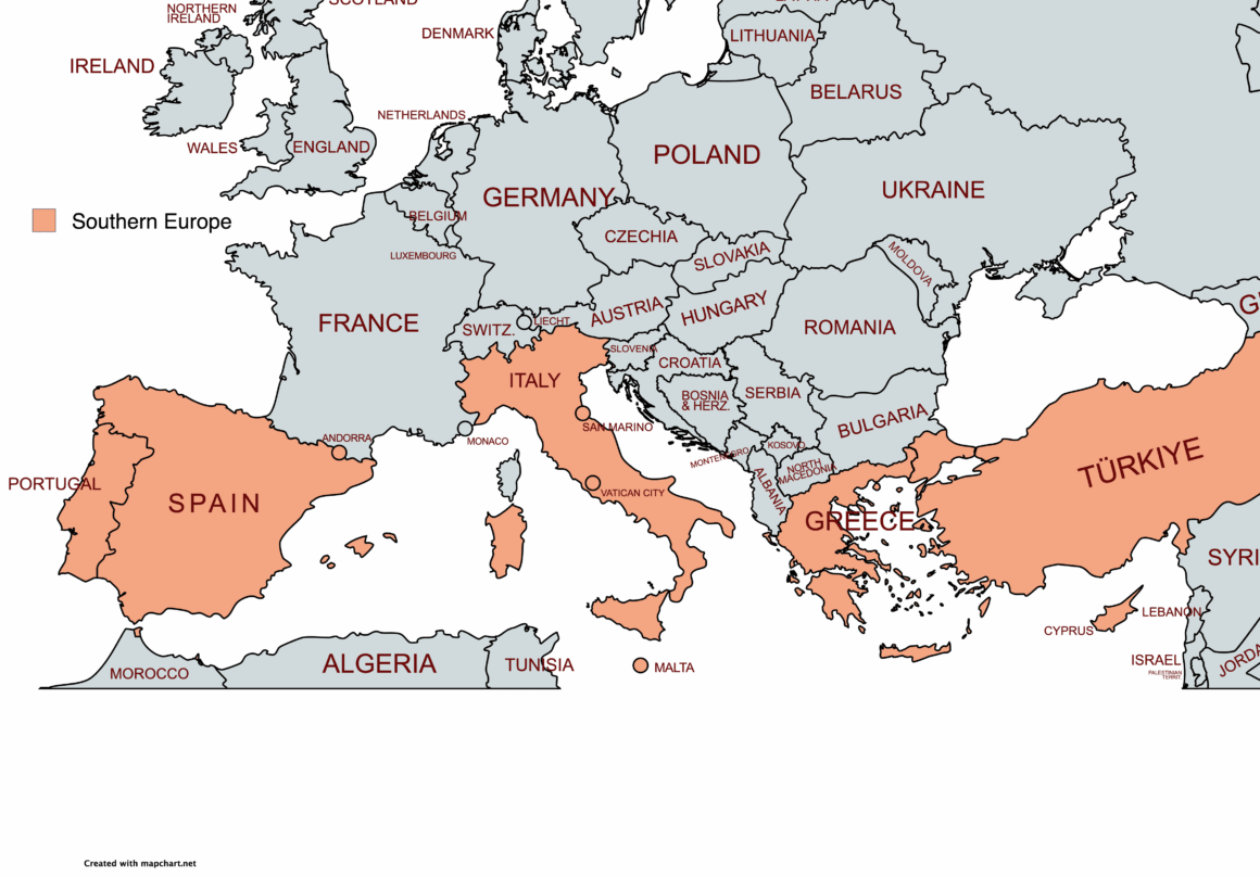 Map of Southern Europe highlighting Iberia and the Mediterranean