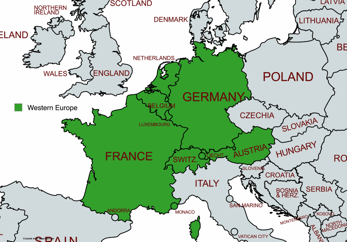 Map of Western Europe highlighting the France, Germany, Switzerland, Liechtenstein, Austria, Monaco and the Benelux region