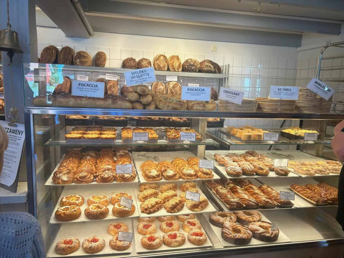 Pastries and sweet breads in a local bakery on the Swedish island of Öland — a cheap breakfast option when travelling Europe
