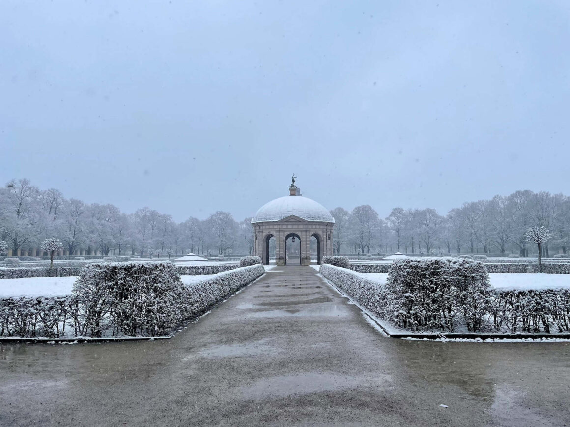 Snow covered court garden in the Residenz precinct in Munich Germany