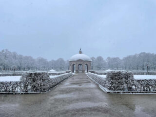 Snow covered court garden in the Residenz precinct in Munich Germany