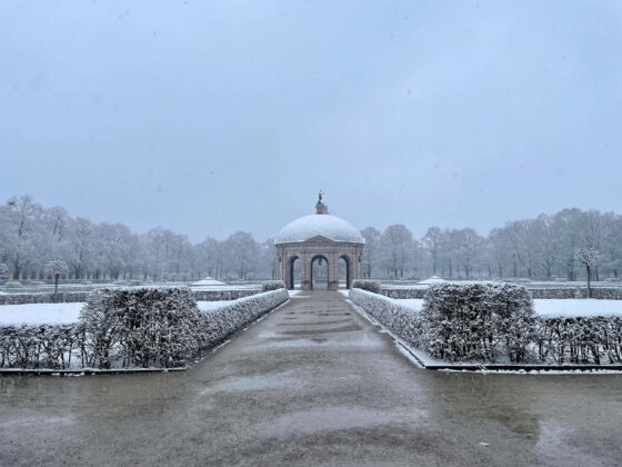 Snow covered court garden in the Residenz precinct in Munich Germany