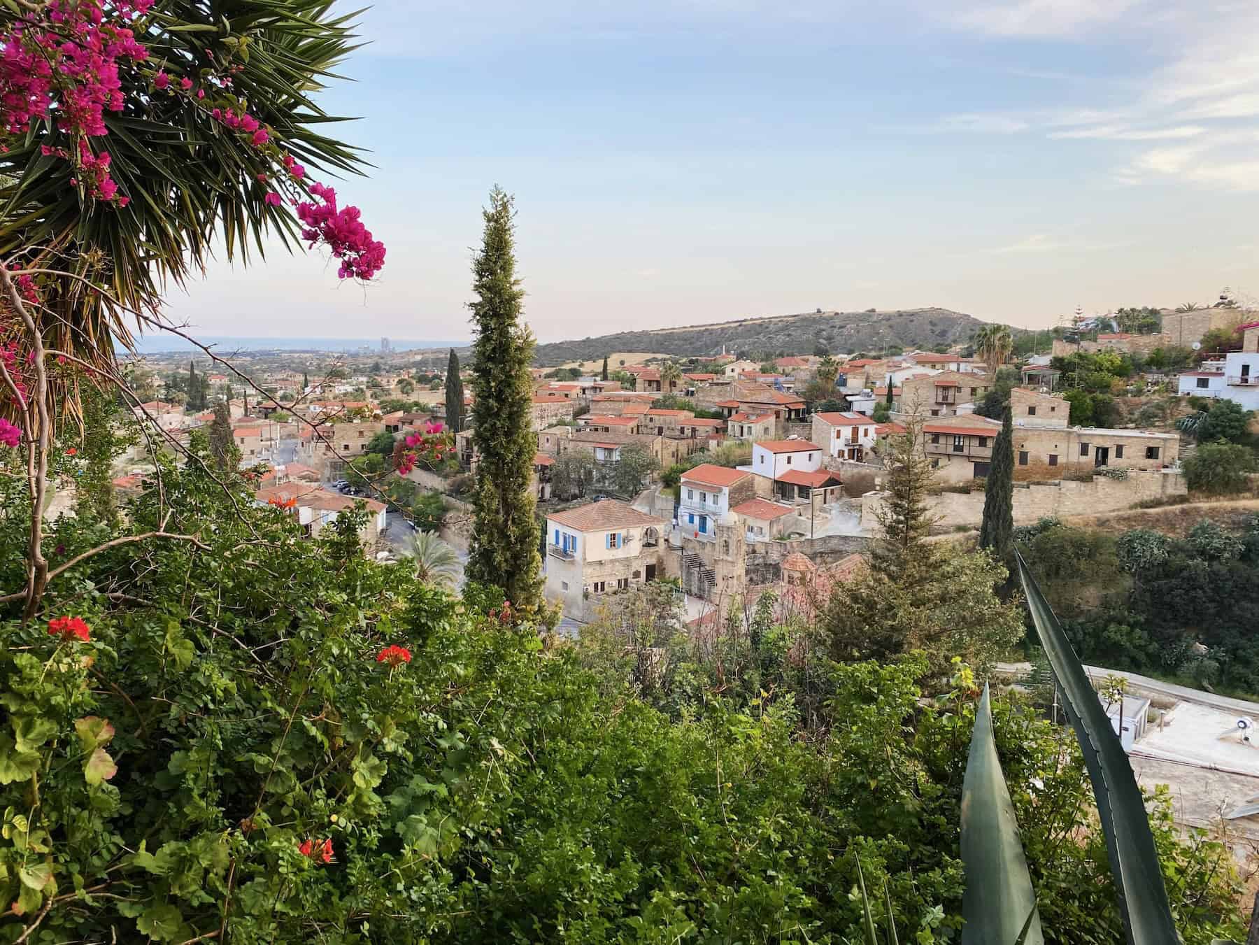 Stone houses with red-tiled roofs in a hillside village near Larnaca, Cyprus