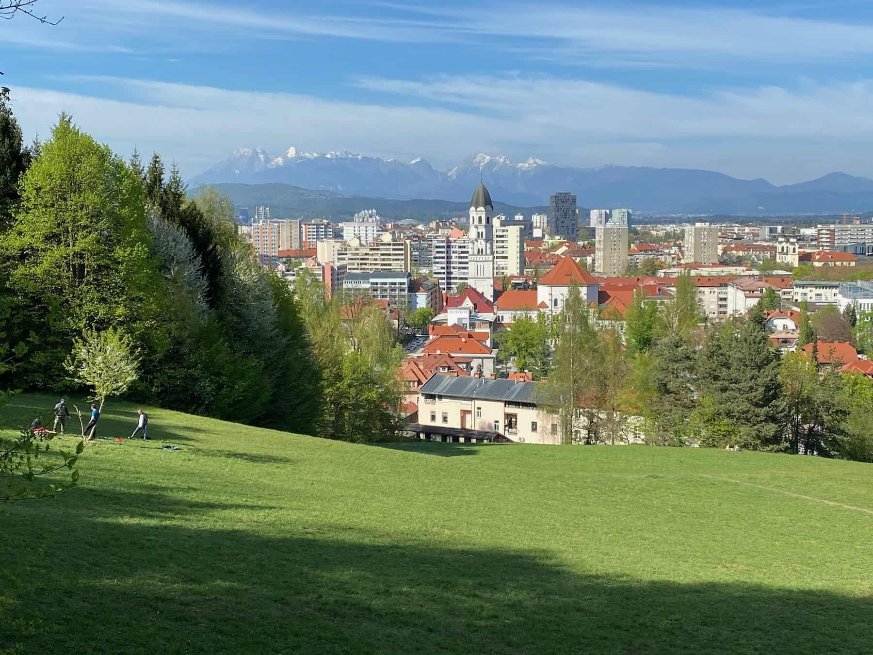 Ljubljana city with snow-capped Alps behind it, Slovenia